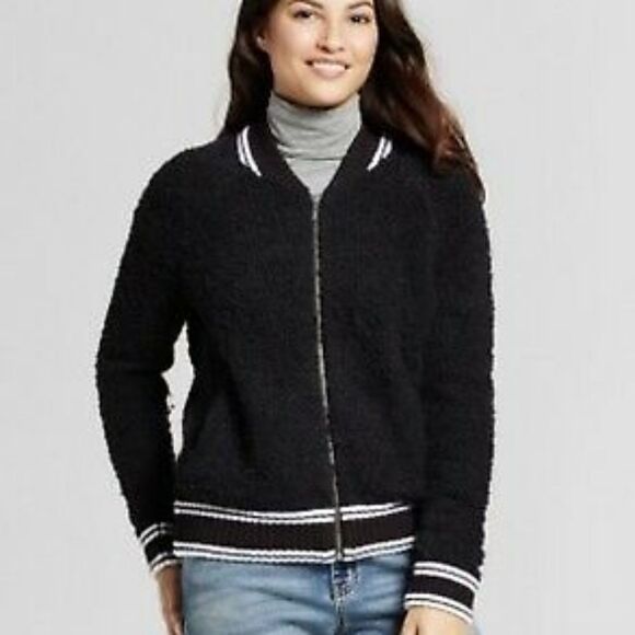 A New Day Womens Fuzzy Black Bomber Jacket - Picture 1 of 15